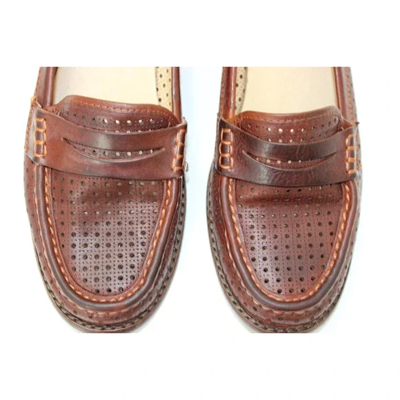 Women’s Frye Penny Loafers Dalia Brown Leather Perforated Shoes Flat Preppy 8 M - Picture 3 of 12